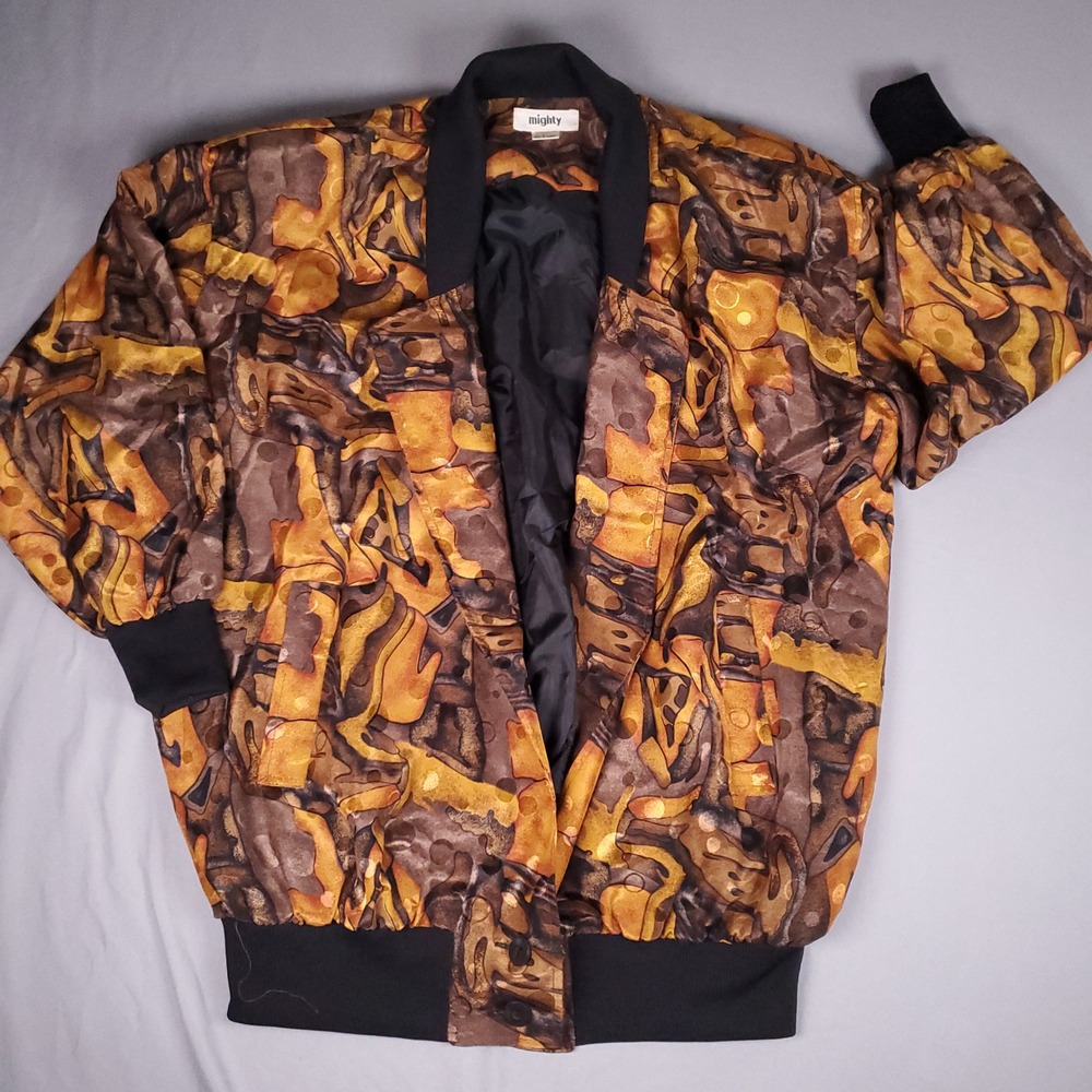 Mighty Bomber Jacket Mens 50" Chest Abstract Gold Brown Retro Streetwear Vintage